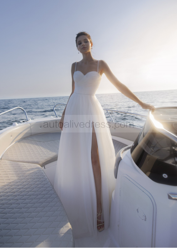 Beaded Ivory Ruched Tulle Glitter Slit Beach Wedding Dress